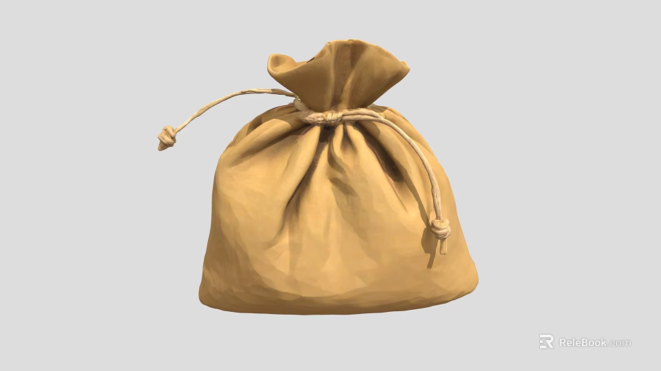 Brown Fabric Drawstring Pouch With Knotted Closure And Simple Design 3d model