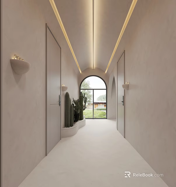Hotel Corridor With Minimalist White Walls Recessed Ceiling Lights Arched Doorway And Potted Cacti Plants 3d model 