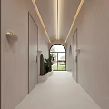 Hotel Corridor With Minimalist White Walls Recessed Ceiling Lights Arched Doorway And Potted Cacti Plants