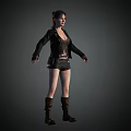 Woman Wearing Black Leather Jacket Brown Vest Black Shorts And Brown Boots With Arms Outstretched
