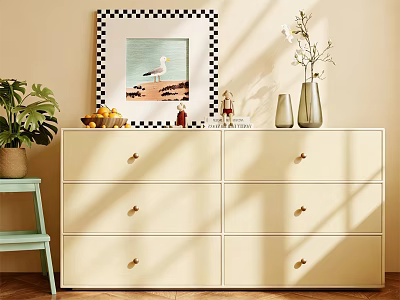 Beige Sideboard With Drawers Gold Handles Green Plant Fruit Basket Seagull Painting And Vases 3d model