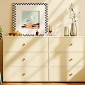 Beige Sideboard With Drawers Gold Handles Green Plant Fruit Basket Seagull Painting And Vases