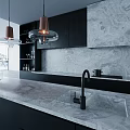 Modern Kitchen Interior With Black Cabinets Marble Countertop And Copper Pendant Lights