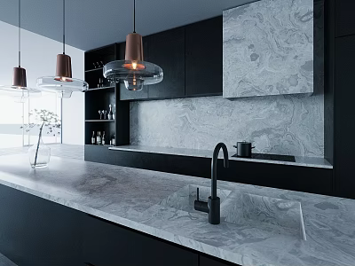 Modern Kitchen Interior With Black Cabinets Marble Countertop And Copper Pendant Lights 3d model