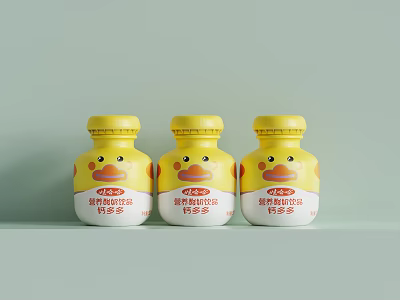 Strawberry Flavor Yogurt Drink in Yellow Bottles with Cartoon Duck Design 3d model