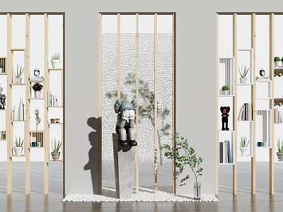 Modern Wooden Shelving Units with Potted Plants Books and Decorative Items 3d model