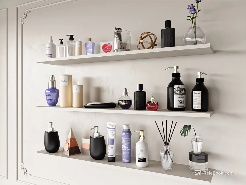 Stylish Perfumes And Cosmetics On Wall Shelves 3d model 