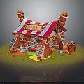 Toy Stall Scene With Red And White Striped Canopy Wooden Structure And Toys