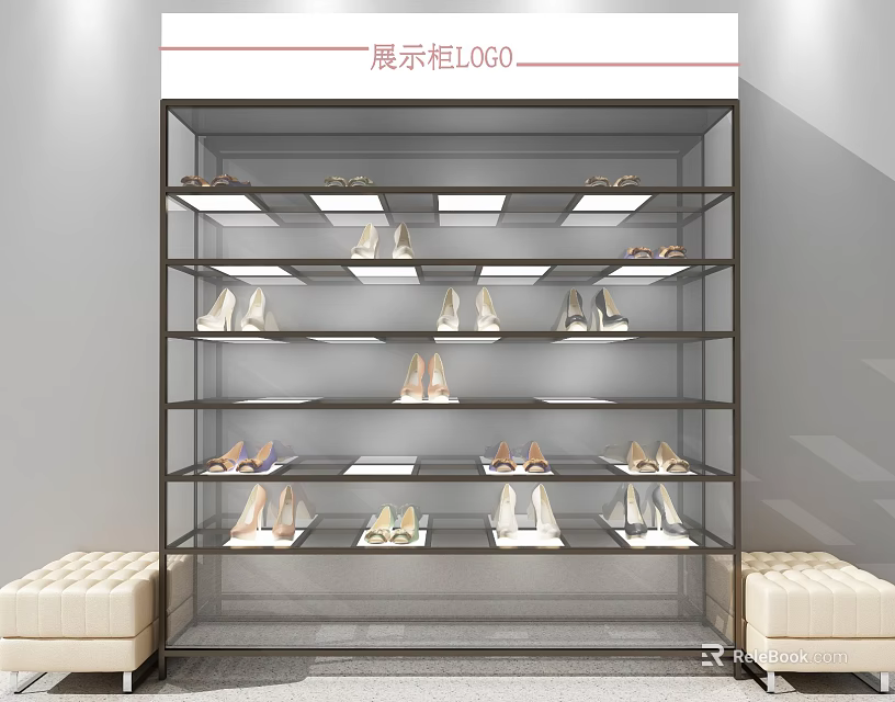 Multi Tiered Display Shelving For Shoes With Bench In Retail Store 3d model