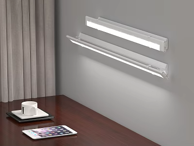 White Slim LED Wall Lights Mounted on Gray Wall with Wooden Desk Interior 3d model