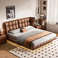 Brown Leather Tufted Double Bed In Modern Interior With Nightstand And Decorative Paintings