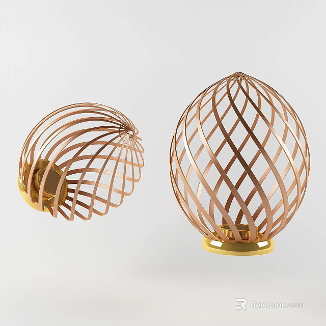 Tech Exhibition Hall Featuring Two Egg Shaped Lattice Exhibits Brown Woven Structure And Golden Base 3d model 