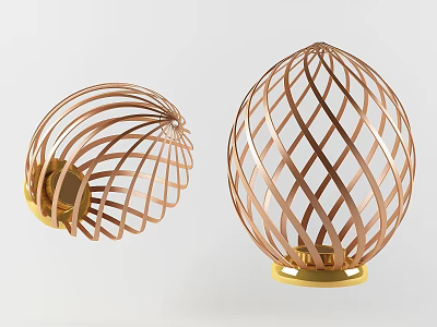 Tech Exhibition Hall Featuring Two Egg Shaped Lattice Exhibits Brown Woven Structure And Golden Base 3d model
