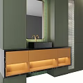 Modern Bathroom Vanity Design With Dark Green Cabinets Gold Frame Mirror And Orange Drawers