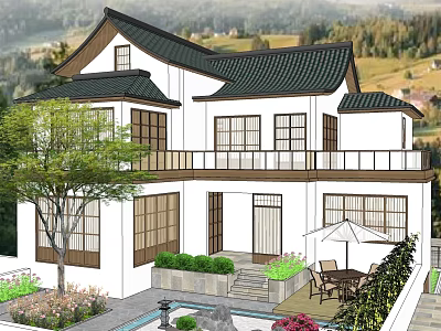 Japanese Style Detached Villa With Black Roof White Walls Garden Courtyard And Mountain View 3d model