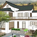 Japanese Style Detached Villa With Black Roof White Walls Garden Courtyard And Mountain View
