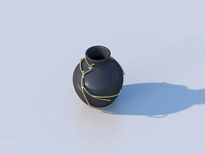 Black Ceramic Sculpture Carving With Golden Rope Decor On Light Background 3d model