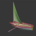 Wooden Boat Model With White Sail Red Hull and Oar on Dark Reflective Surface