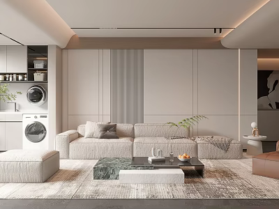 Modern Living Room Interior Design With Beige Sofa Coffee Table Green Plant And Rug 3d model