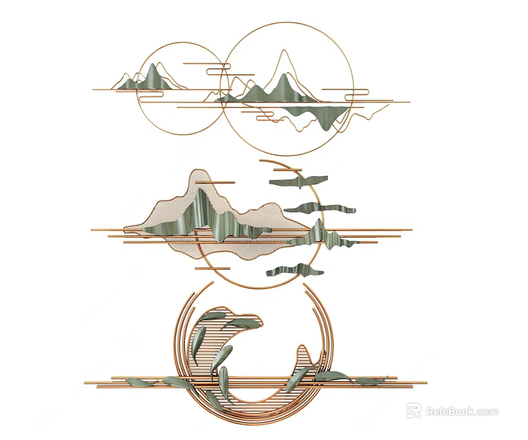Modern Geometric Wall Decor With Circular Frames Mountain Silhouettes And Abstract Lines 3d model