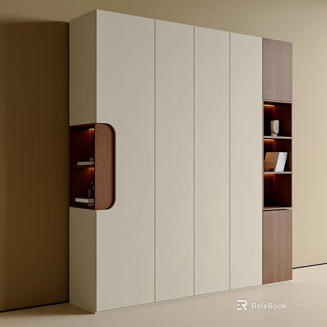 Modern Wardrobe Interior Design With Beige Wooden Panels Built in Shelves And LED Lighting 3d model 