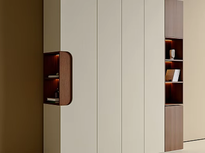 Modern Wardrobe Interior Design With Beige Wooden Panels Built in Shelves And LED Lighting 3d model