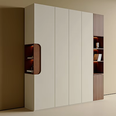 Modern Wardrobe Interior Design With Beige Wooden Panels Built in Shelves And LED Lighting 3d model