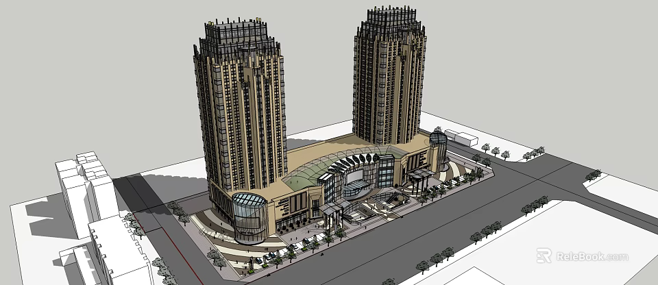 Modern Commercial Complex With Twin Towers Glass Curtain Walls And Retail Plaza 3d model 