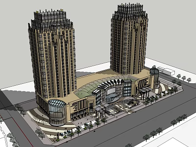 Modern Commercial Complex With Twin Towers Glass Curtain Walls And Retail Plaza 3d model
