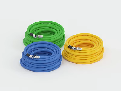 Colorful Coiled Green Blue Yellow Hoses with Metal Connectors Flexible Industrial Piping 3d model