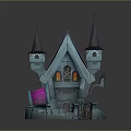 Gothic Style Cartoon Haunted House With Pointed Towers Purple Blue Roofs And Decorative Windows