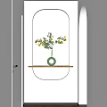 Stylish Entryway Hallway With Oval Backlit Niche Wooden Shelf Green Vase And Yellow Flowering Plant