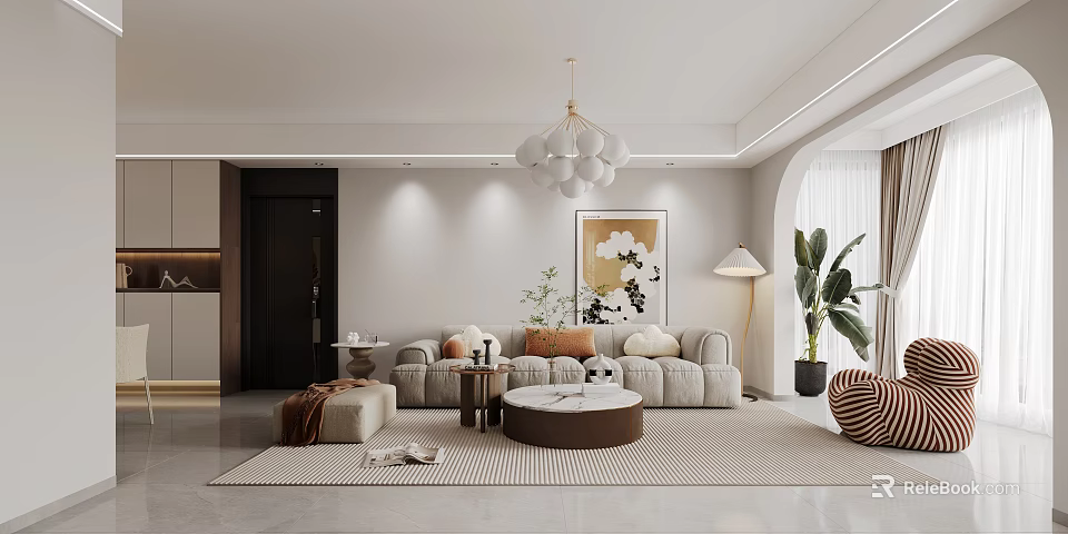 Modern Living and Dining Room Interior With Sofa Coffee Table Chandelier Decorative Painting And Plant 3d model 