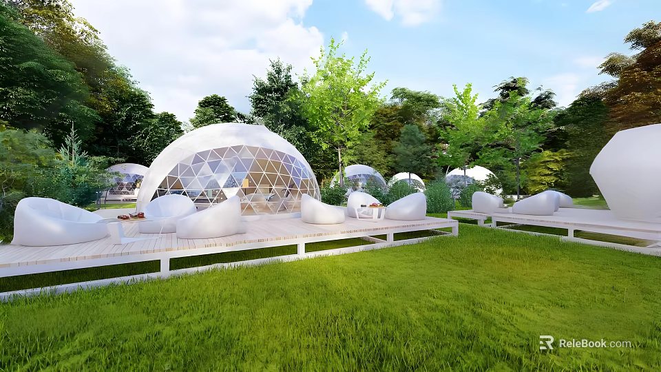 Transparent Geodesic Dome Tents In Green Grass With Trees And White Sofas On Wooden Platform 3d model 