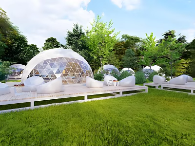 Transparent Geodesic Dome Tents In Green Grass With Trees And White Sofas On Wooden Platform 3d model