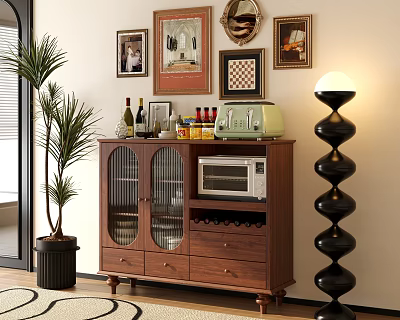 Wooden Sideboard With Glass Doors Microwave Wine Bottles And Wall Art 3d model