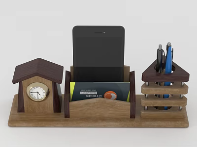 Wooden Desktop Organizer With Clock Phone Stand And Pen Holder 3d model