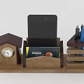 Wooden Desktop Organizer With Clock Phone Stand And Pen Holder