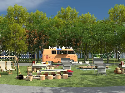Scenic Camping Site with Food Drinks Truck Grill Swing and Green Lawn Under Lush Trees 3d model