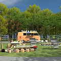 Scenic Camping Site with Food Drinks Truck Grill Swing and Green Lawn Under Lush Trees