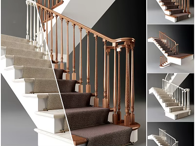 Elegant Stairs Design With Wooden Railings Brown And White Classic Style Steps 3d model