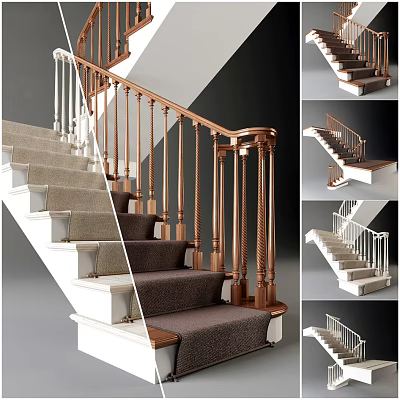 Elegant Stairs Design With Wooden Railings Brown And White Classic Style Steps 3d model
