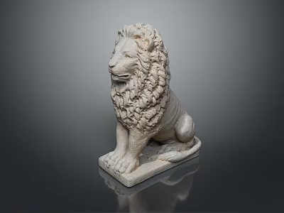 Detailed White Stone Lion Sculpture In Sitting Pose With Curly Mane And Base 3d model