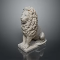 Detailed White Stone Lion Sculpture In Sitting Pose With Curly Mane And Base