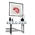 Stylish Console Table With Decorative Lamp Vase And Lips Artwork On Wall 3d model
