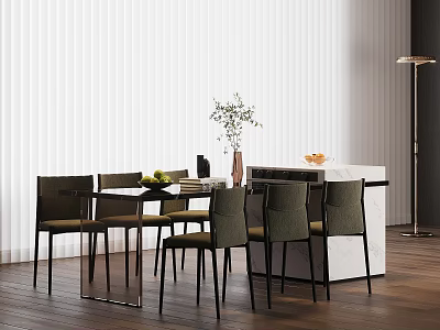 Modern Dining Interior With Stylish Island Counter Dining Table Chairs Plant And Vase 3d model