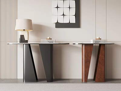 Modern Console Tables With Black Brown Metal Wood Frames Lamp Books Decor And Geometric Art 3d model