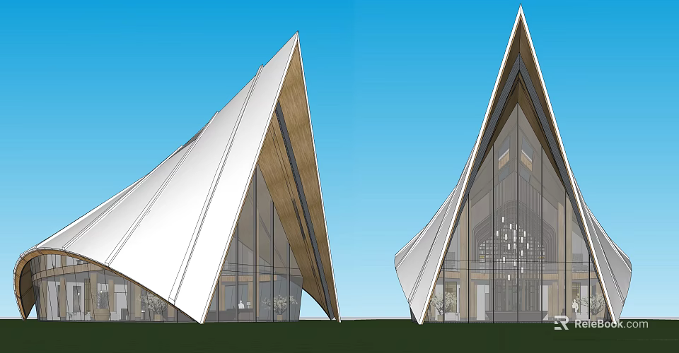 Unique Modern Sales Office Building Featuring Triangular Roof Glass Facade And Wooden Accents 3d model 