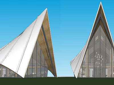 Unique Modern Sales Office Building Featuring Triangular Roof Glass Facade And Wooden Accents 3d model