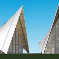 Unique Modern Sales Office Building Featuring Triangular Roof Glass Facade And Wooden Accents